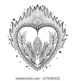 Sacred holy heart Jesus. Sacrament Religion symbol. Mystical icon hand drawn print. Mexico simbol.Vector illustration vintage .
