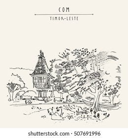 Sacred house in Com, Timor-Leste (East Timor), Southeast Asia. Travel sketch. Vintage hand drawn touristic postcard, poster, calendar or book illustration in vector