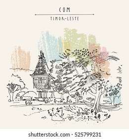 Sacred house in Com, Timor-Leste (East Timor), Southeast Asia. Travel sketch. Vintage hand drawn touristic postcard, poster, calendar or book illustration in vector