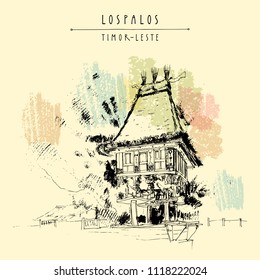 Sacred house in Lospalpos, Timor-Leste (East Timor), Southeast Asia. Authentic religious construction. Travel sketch. Vintage vector handdrawn touristic postcard, poster, calendar or book illustration