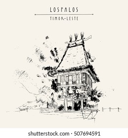 Sacred house in Lospalpos, Timor-Leste (East Timor), Southeast Asia. Travel sketch. Vintage hand drawn touristic postcard, poster, calendar or book illustration in vector