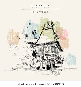 Sacred house in Lospalpos, Timor-Leste (East Timor), Southeast Asia. Travel sketch. Vintage hand drawn touristic postcard, poster, calendar or book illustration in vector