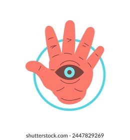 Sacred human hand with all seeing eye esoteric magic and providence concept icon vector flat illustration. Cartoon male arm open palm mystic spiritual occult hypnosis mindfulness symbol circle frame