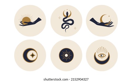 Sacred icons depicting the moon, sun and snakes in circles. Vector illustration. Set of icons and emblems for social media news covers. Design Templates for a Yoga Studio and an Astrologer Blogger