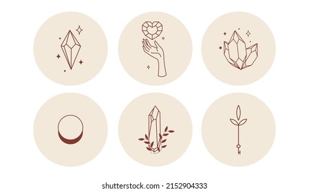 Sacred icons depicting the moon, sun and snakes in circles. Vector illustration. Set of icons and emblems for social media news covers. Design Templates for a Yoga Studio and an Astrologer Blogger