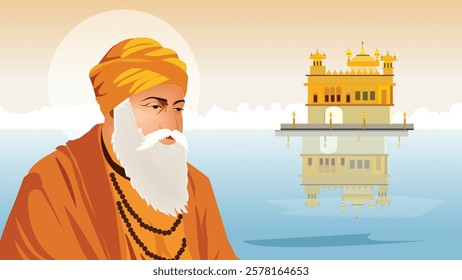 Sacred illustration of Guru Nanak Dev Ji with the Golden Temple reflecting in the holy waters, symbolizing peace, devotion, and spiritual enlightenment in Sikhism