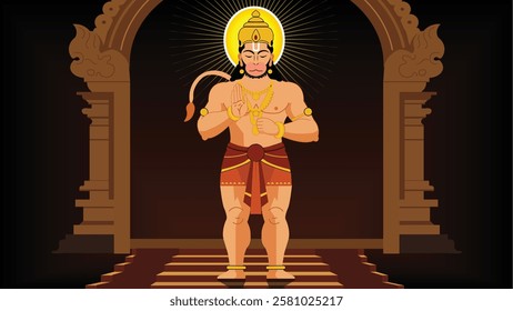 A sacred illustration of Lord Hanuman standing in a temple with a radiant aura, symbolizing devotion, strength, and divine power. His folded hands reflect humility and unwavering faith in Lord Rama.