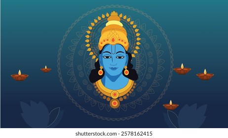 Sacred illustration of Lord Krishna’s serene face adorned with a golden crown, surrounded by glowing diyas and a mandala, symbolizing divinity, wisdom, and light