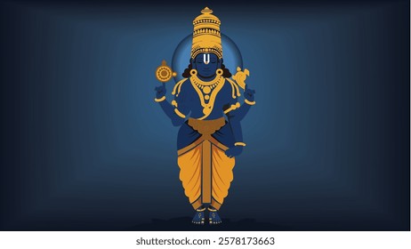 Sacred illustration of Lord Venkateshwara Swami adorned in traditional ornaments, holding the Sudarshan Chakra and Shankha, symbolizing devotion, prosperity, and divine blessings