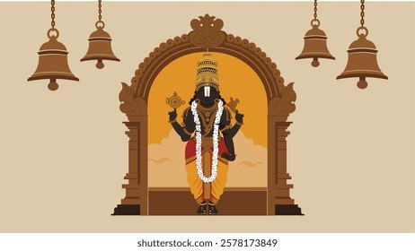 Sacred illustration of Lord Venkateshwara Swami standing in a divine temple archway, adorned with bells and garlands, symbolizing devotion, prosperity, and spiritual blessings