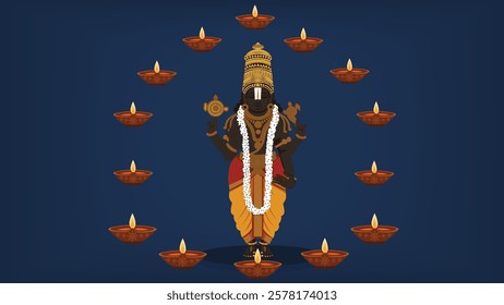 Sacred illustration of Lord Venkateshwara Swami adorned with traditional jewelry, surrounded by glowing diyas, symbolizing divine blessings, devotion, and prosperity