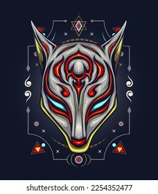 Sacred Illustration with mask Kitsune on dark background. Perfectly for posters, fabric print and many other uses.