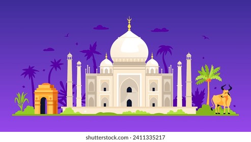 Sacred India places - modern colored vector illustration with Taj Mahal Mosque on a purple background, Gateway in New Delhi and holy cow. Palm trees, summer. Traditions and culture of Asia idea
