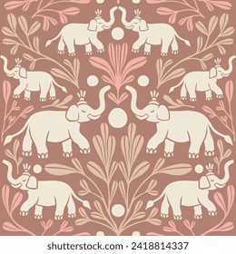 Sacred Indian Elephant seamless pattern with plants, retro looking pattern with jungle soft elements