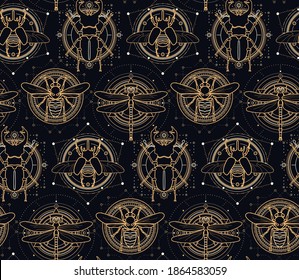 Sacred insects seamless pattern - illustrations of dragonfly, stag beetle, atlas beetle and wasp with celestial design elements on a dark background