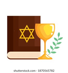 sacred judaism antique book with jewish golden star and chalice vector illustration design
