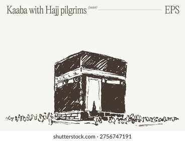 Sacred Kaaba cubic structure at Masjid al-Haram Grand Mosque in Mecca, golden door with ornate embellishments, crowd of pilgrims gathered at base, colonnaded arcade surroundings, rendered in monochromatic sketch with tonal fill and reverent spiritual atmosphere.