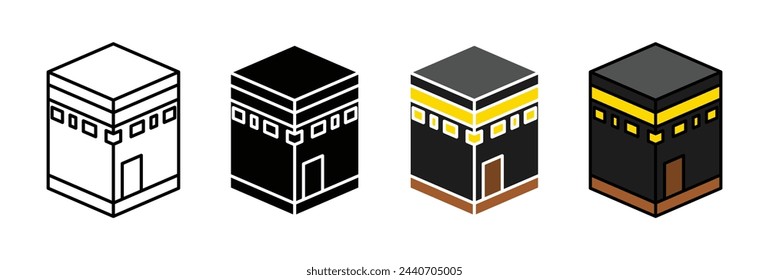 Sacred Kaaba Representation Icons. Islamic Pilgrimage and Makkah Landmark Symbols