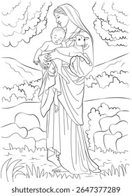 A Arte da Linha Sagrada da Mãe Maria Segurando gentilmente o Bebê Jesus e um Cordeiro, um Símbolo de Amor Divino e Cultivo, Perfeito para Temas Cristãos, Livros Coloridos ou Desenhos Religiosos.
