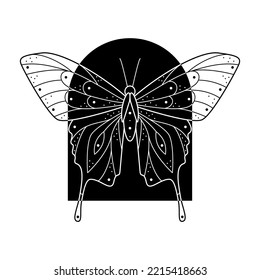 Sacred line geometric luna moth in arch shape frame. Abstract mystic geometry butterfly. Vector illustration. Natural design for tattoo or makhenda, book cover, t-shirt print, poster or card.