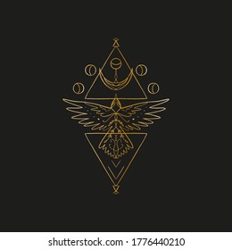 Sacred line geometric symbol with bird and moon phases, gold figure on black background. Abstract mystic geometry. Vector illustration.