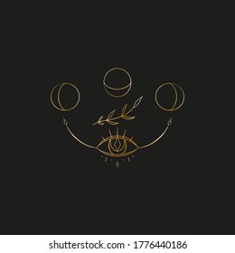 Sacred line geometric symbol with eye and moon phases, gold figure on black background. Abstract mystic geometry. Vector illustration.