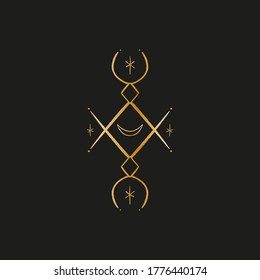 Sacred line geometric symbol with moon, gold figure on black background. Abstract mystic geometry. Vector illustration.