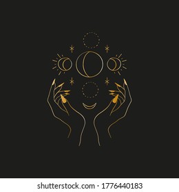 Sacred line geometric symbol with moon phases, gold figure on black background. Abstract mystic geometry. Vector illustration.