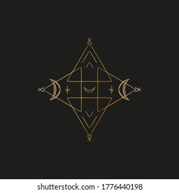 Sacred line geometric symbol with moon, gold figure on black background. Abstract mystic geometry. Vector illustration.