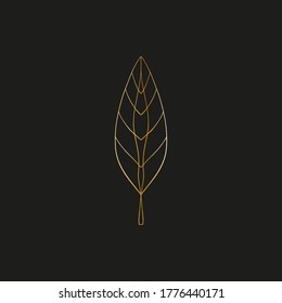 Sacred line geometric symbol with plant leaf, gold figure on black background. Abstract mystic geometry. Vector illustration.