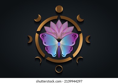 Sacred lotus flower and colorful butterfly with engraving and Moon Phases. Wiccan symbol, full moon, waning, waxing, first quarter, gibbous, crescent, third quarter. Vector logo isolated on black 