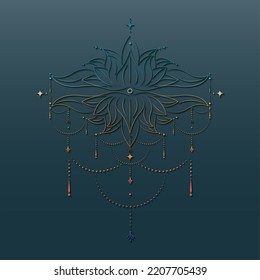 Sacred Lotus flower, colorful floral ornament, line art logo, boho design. Flower blossom symbol of yoga, spa, beauty salon, cosmetics, relax, brand style. Vector isolated on blue gradient background