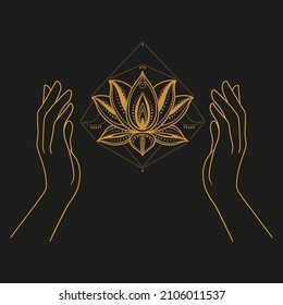 Sacred lotus flower in hands. Vector illustration isolated on dark background