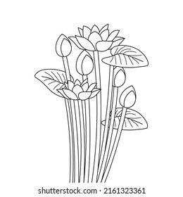 sacred lotus flower with leaves line art illustration of coloring page for kids
