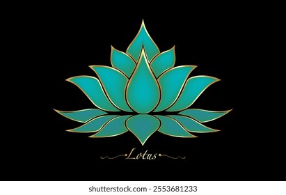 Sacred Lotus flower, luxury gold floral ornament, logo design. Vintage Flower blossom symbol of yoga, spa, beauty salon, cosmetics, relax, brand style. Vector isolated on black background