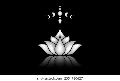 Sacred Lotus flower and Moon Phases logo design, mystical symbol. Magic celestial clipart of yoga, spa, meditation, beauty salon, cosmetics, relax, brand style. Vector isolated on black background