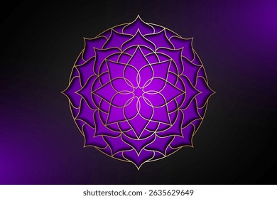Sacred Lotus flower, purple floral mandala, gold design. Crown Chakra Flower blossom symbol of yoga, spa, beauty salon, cosmetics, relax, brand style. Vector isolated on black background