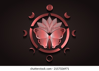 Sacred lotus flower and rose gold butterfly with engraving and Moon Phases. Wiccan symbol, full moon, waning, waxing, first quarter, gibbous, crescent, third quarter. Vector logo isolated on black 