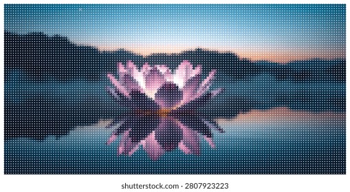 Sacred lotus lily floating on calm lake surface during golden sunset, symmetrical reflection effect, colorful pixelated mosaic art, serene landscape.