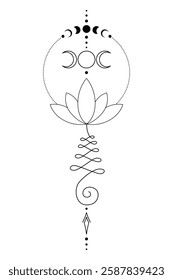 Sacred Lotus Unalome Tattoo Design Minimalist Spiritual Symbol. Vector isolated buddhist line hand drawn symbol.