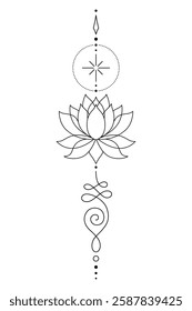 Sacred Lotus Unalome Tattoo Design Minimalist Spiritual Symbol. Vector isolated buddhist line hand drawn symbol.