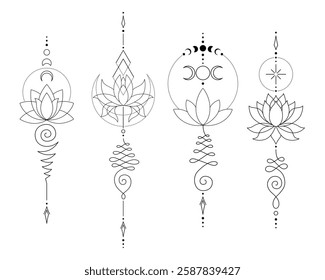 Sacred Lotus Unalome Tattoo Design Collection. Minimalist Spiritual Symbol Set. Vector isolated buddhist line hand drawn symbol.