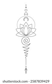 Sacred Lotus Unalome Tattoo Design Minimalist Spiritual Symbol. Vector isolated buddhist line hand drawn symbol.