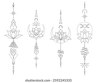 Sacred Lotus Unalome Tattoo Design Minimalist Spiritual Symbol. Vector isolated buddhist line hand drawn symbol.