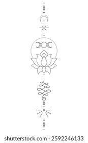 Sacred Lotus Unalome Tattoo Design Minimalist Spiritual Symbol. Vector isolated buddhist line hand drawn symbol.