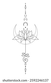 Sacred Lotus Unalome Tattoo Design Minimalist Spiritual Symbol. Vector isolated buddhist line hand drawn symbol.