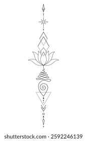 Sacred Lotus Unalome Tattoo Design Minimalist Spiritual Symbol. Vector isolated buddhist line hand drawn symbol.