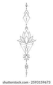 Sacred Lotus Unalome Tattoo Design Minimalist Spiritual Symbol. Vector isolated buddhist line hand drawn symbol.