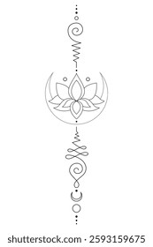 Sacred Lotus Unalome Tattoo Design Minimalist Spiritual Symbol. Vector isolated buddhist line hand drawn symbol.