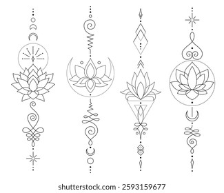 Sacred Lotus Unalome Tattoo Design Minimalist Spiritual Symbol. Vector isolated buddhist line hand drawn symbol.